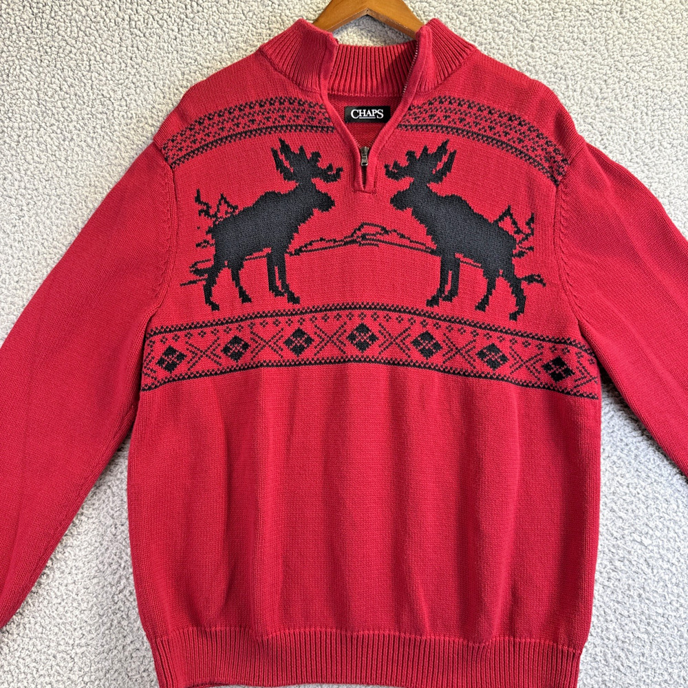 Chaps Moose 1/4-Zip Sweater Men's XL Red Fair Isle Mock Neck Winter Christmas